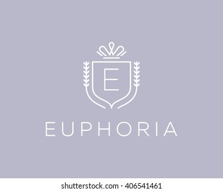 Elegant monogram letter E logotype. Premium crest logo design. Shield, royal crown symbol. Print, t-shirt design shape.
