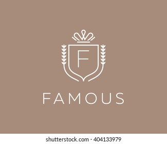 Elegant monogram letter F logotype. Premium crest logo design. Shield, royal crown symbol. Print, t-shirt design shape.