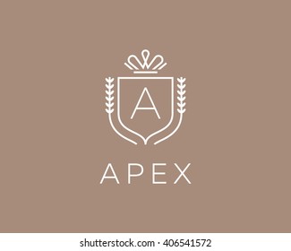 Elegant monogram letter A logotype. Premium crest logo design. Shield, royal crown symbol. Print, t-shirt design shape.