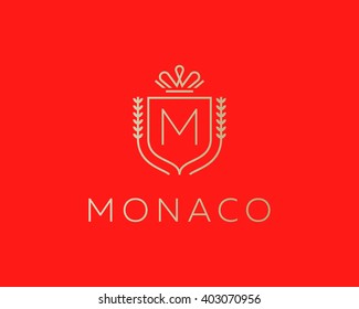 Elegant Monogram Letter M Logotype. Premium Crest Logo Design. Shield, Royal Crown Symbol. Print, T-shirt Design Shape.