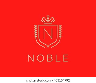 Elegant monogram letter N logotype. Premium crest logo design. Shield, royal crown symbol. Print, t-shirt design shape.