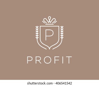 Elegant Monogram Letter P Logotype. Premium Crest Logo Design. Shield, Royal Crown Symbol. Print, T-shirt Design Shape.