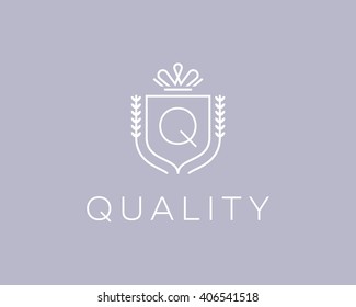 Elegant monogram letter Q logotype. Premium crest logo design. Shield, royal crown symbol. Print, t-shirt design shape.