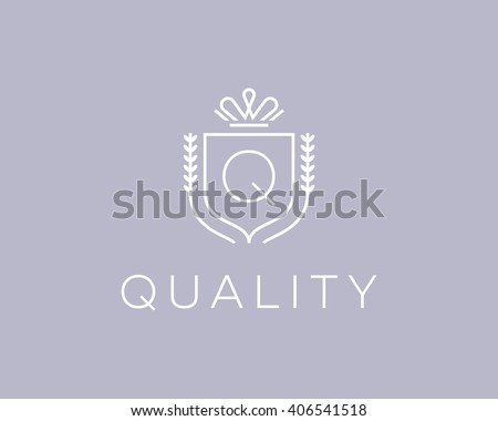 Elegant monogram letter Q logotype. Premium crest logo design. Shield, royal crown symbol. Print, t-shirt design shape.