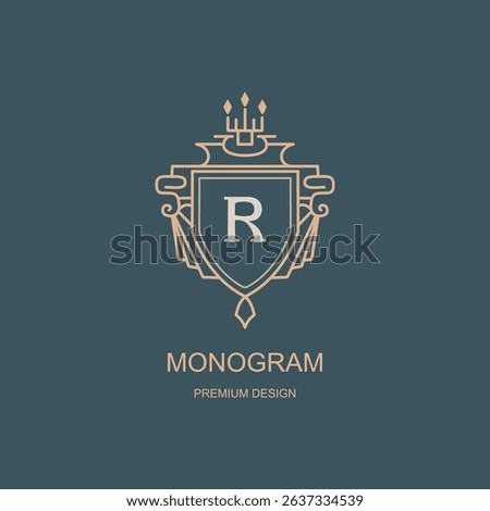 Elegant monogram with letter R inside heraldic shield, crowned with royal symbol. Gold outline on dark blue background. Art logo design. Perfect for luxury branding, boutique, premium product identity