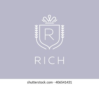 Elegant monogram letter R logotype. Premium crest logo design. Shield, royal crown symbol. Print, t-shirt design shape.