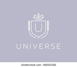 Elegant monogram letter U logotype. Premium crest logo design. Shield, royal crown symbol. Print, t-shirt design shape.