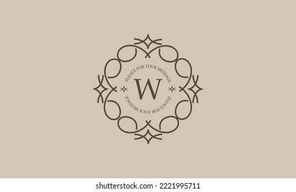 Elegant monogram with the letter W in the center and space for text. Vector illustration. Geometric ornament, luxury sign, emblem of restaurant, boutique, cafe, hotel