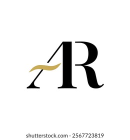 elegant monogram of letters "A" and "R" in classic serif font. A golden wave element adds a touch of luxury and dynamism, movement and fluidity. for high-end sectors like fashion, luxury goods.