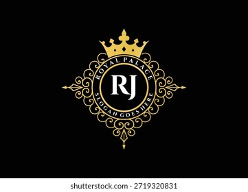 Elegante monograma logo rj diseño con adorno de la insignia del palacio real de la compañía de estilo dorado hotel restaurante marca de lujo heráldica Vector vintage.