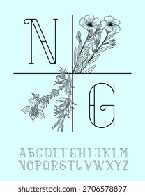 Um modelo elegante de monograma com delicadas flores de nigela e flores de linho finas. Este vetor é perfeito para branding, papelaria de casamento, logos.