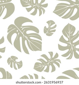 Elegant monstera leaves pattern on a white backdrop. Seamless background. Vector illustration