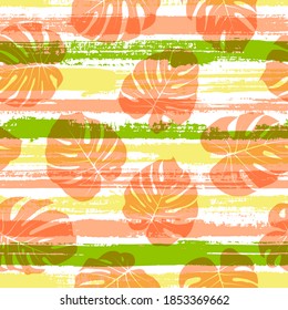 Elegant monstera philodendron liana hole leaves overlaying stripes vector seamless pattern. Bali exotic foliage swimwear textile print. Stripes and tropical leaves illustration.