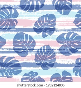 Elegant monstera philodendron liana hole leaves overlapping stripes vector seamless pattern. Bali exotic foliage beach fashion fabric print. Floral tropical leaves seamless design.
