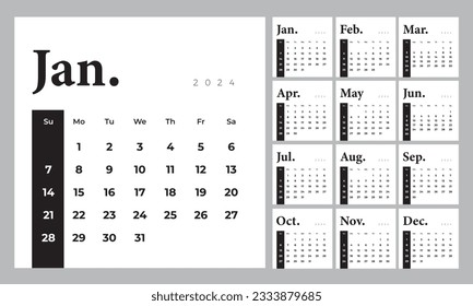 Elegant monthly calendar template for 2024 year. English calendar. Week starts on Sunday. Black and white set of 12 months. Simple design with big letters, typographic elements. Square composition