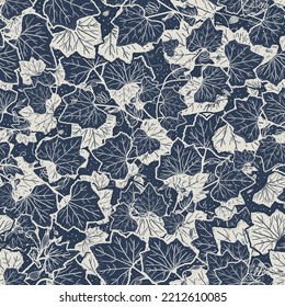 The elegant, moody navy blue and off-white abstract autumn leaf seamless pattern is perfect for thanksgiving and fall. Dark indigo leafy branches are lush and beautiful Victorian-style toile vector