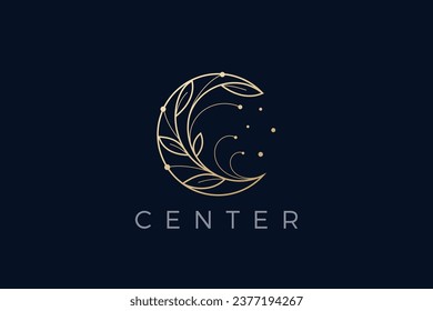 Elegant Moon Logo Letter C Floral Design Vector Linear Outline style. Flourish Luxury Fashion Jewelry Logotype concept.