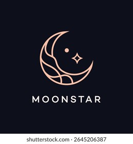 Elegante Moonstar Logo Design Crescent, Star, Minimalista, Linear, Abstract, Celestial, Night, Galaxy,