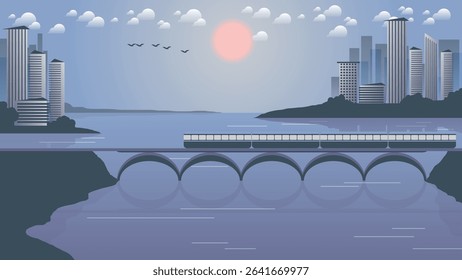 Elegant morning landscape of a metropolis on the coast. A subway train crosses the bay on a bridge against the backdrop of urban areas on the banks, sky, rising sun, clouds, flying birds. Vector.