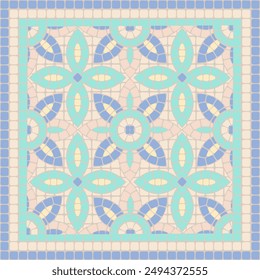 Elegant mosaic floral ornament in light blue, cyan and beige colors. For ceramics, tiles, ornaments, backgrounds and other projects.