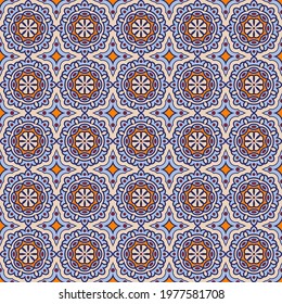 elegant mosaic seamless pattern with arabic motives. orange, burgundy, light blue shapes, polygons, and dark stroke segments are grouped and arranged in rows. vector
