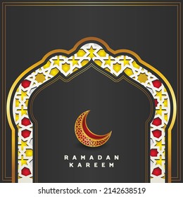Elegant mosque gate design Islamic greetings Ramadan Kareem with Islamic mosaics, crescent month and arabic calligraphy