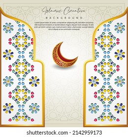 Elegante diseño de portada de mezquita. Fondo creativo islámico con textura de mosaico islámico, linterna islámica y luna creciente. Adecuado para los diseños de saludos de las festividades islámicas