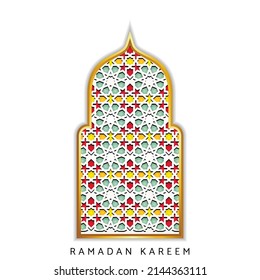 Elegantes Moschee-Tordesign. Ramadan Kareem Hintergrund mit islamischem Mosaik und islamischem Fenster. Geeignet für islamische Urlaubsszenarien