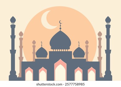 Elegant Mosque Silhouette with Crescent Moon and Sun Background