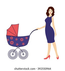 Elegant mother in blue dress with stroller isolated