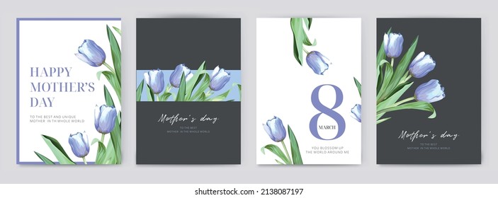 Elegant Mother's Day, 8 march woman's day, banner. Vector, watercolor purple tulip flower with green leaf bouquet floral frame. Spring, stylish postcard template set