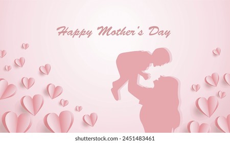 Elegant mother's day background with paper flying elements and mom-boy silhouette. Perfect choice for mother's day, valentine, and birthday celebration. Hari Ibu vector illustration