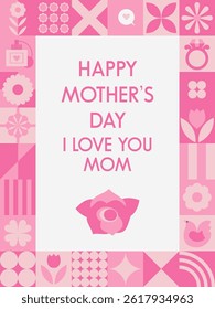 Elegant Mothers Day card design with soft geometric patterns and pink flower icons. Flat vector style suitable for greeting cards, invitations, and seasonal promotions.