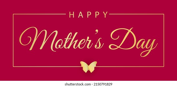 Elegant Mother's Day card. Golden lettering in frame and cute butterfly on pink background. Vector illustration.