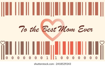 Elegant Mother's Day greeting card featuring a unique heart-shaped barcode design, soft reds, and affectionate message for the best mom ever.