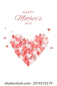 Elegant Mother's Day Greeting Card Design with Pink and Red Heart Shapes.  Hand written vector illustration template.