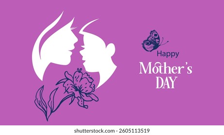 Elegant Mother's Day greeting with a mother and child silhouette, a floral accent, and a butterfly on a purple background. Perfect for holiday cards, posters, and social media. Vector illustration.
