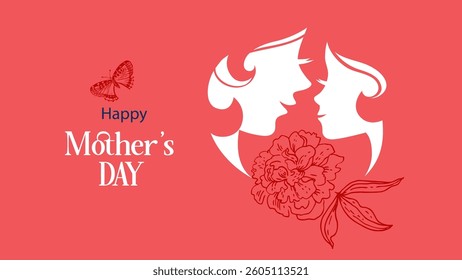 Elegant Mother's Day greeting with a mother and child silhouette, a floral accent, and a butterfly on a pink background. Perfect for holiday cards, posters, and social media. Vector illustration.