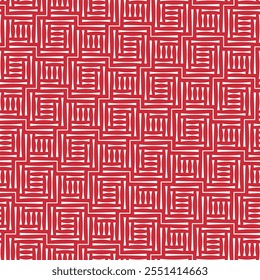 Motivo elegante com blocos modulares de linhas horizontais e verticais finas e brancas sobre um fundo vermelho. Padrão geométrico contínuo. Design de labirinto moderno. Estilo étnico contemporâneo. Ilustração vetorial.