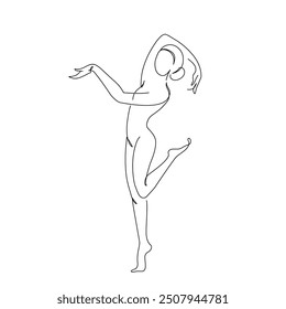 Elegant motion continuous line art drawing of a dancer, woman doing sport, ballerina. Beauty dancer, freedom concept. Minimal poster print art. Trendy one line draw design vector graphic illustration