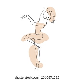 Movimento elegante desenho de arte de linha contínua de uma dançarina, mulher fazendo esporte, bailarina. Dançarino de beleza, conceito de liberdade. Arte de impressão de pôster mínima. Desenho de uma linha na moda ilustração gráfica vetorial