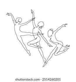 Elegant motion continuous line art drawing of women doing sport, dancing, ballerinas. Beauty dancer, freedom concept. Minimal poster print art. Trendy one line draw design vector graphic illustration