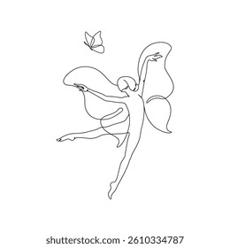 Elegant motion continuous line art drawing of butterfly fairy dancing. Beautiful woman and butterfly freedom concept. Minimal poster print art. Trendy one line draw design vector graphic illustration