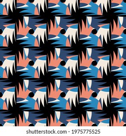 elegant motley seamless pattern. blue, azure, coral, beige abstract shapes with jagged edges are grouped and lined up against a black background. vector
