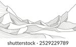 Elegant mountain line art background. Scenic black and white landscape design for fabric, prints, and wall art. Simple line drawing of one line mountain. 