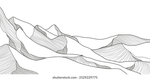 Elegant mountain line art background. Scenic black and white landscape design for fabric, prints, and wall art. Simple line drawing of one line mountain. 