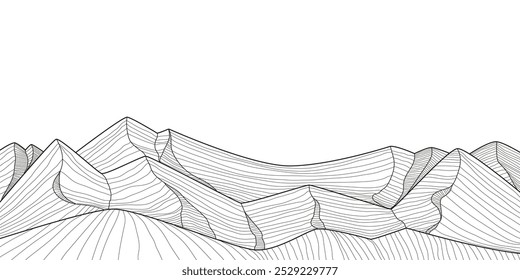 Elegant mountain line art background. Scenic black and white landscape design for fabric, prints, and wall art. Simple line drawing of one line mountain. 