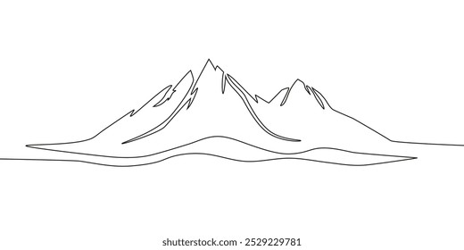 Elegant mountain line art background. Scenic black and white landscape design for fabric, prints, and wall art. Simple line drawing of one line mountain. 