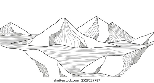 Elegant mountain line art background. Scenic black and white landscape design for fabric, prints, and wall art. Simple line drawing of one line mountain. 