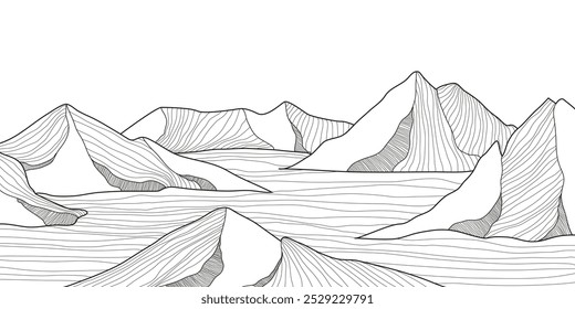 Elegant mountain line art background. Scenic black and white landscape design for fabric, prints, and wall art. Simple line drawing of one line mountain. 